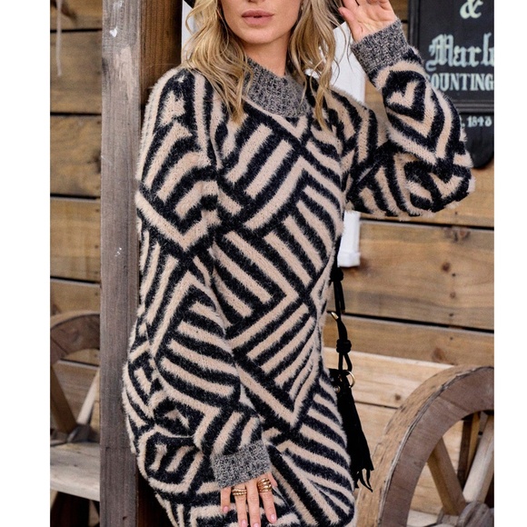 Classic Geo Print Fuzzy Loose Fit Sweater dress - Picture 1 of 6